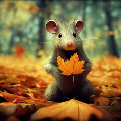 Süße Maus sammelt im Wald Blätter vom Herbstlaub, photorealistisch, Illustration, 3D, AI