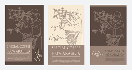 coffee packaging label of ink drawing on paper for promotion design. coffee promotion banner of coffee bean picker image in vintage style.