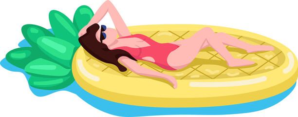 Woman on pineapple air mattress semi flat color raster character. Lying figure. Full body person on white. Pool party simple cartoon style illustration for web graphic design and animation