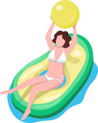 Woman playing ball on water semi flat color raster character. Sitting figure. Full body person on white. Air mattress activity simple cartoon style illustration for web graphic design and animation