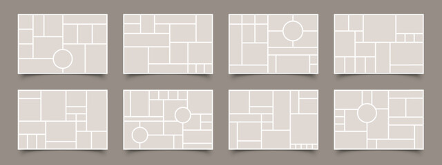 Mood board. Mosaic photo collage grid, blank horizontal photography gallery layout, white photoframe album mockup design. Vector isolated set