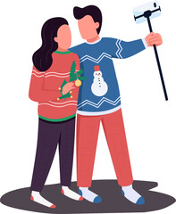 Couple making photo semi flat color raster characters. Standing figures. Full body people on white. Christmas outfit simple cartoon style illustration for web graphic design and animation