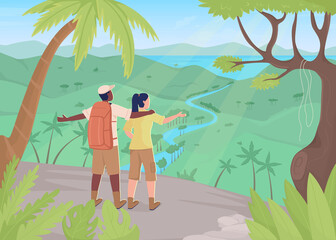 Obraz na płótnie Canvas Rainforest destination flat color raster illustration. Tourist attraction. Summer vacation. Excited couple wearing jungle clothes 2D simple cartoon characters with tropical land on background