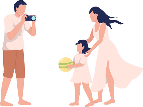 Man taking picture of daughter and wife semi flat color raster characters. Full body people on white. Happy family simple cartoon style illustration for web graphic design and animation