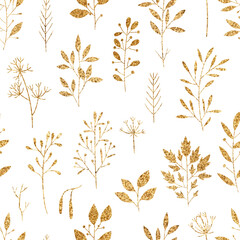 Fototapeta na wymiar Gold floral pattern background. Vector glitter textured seamless pattern with fir branches, leaf, berries. Perfect for winter and autumn holidays. Golden Merry Christmas and New year florals