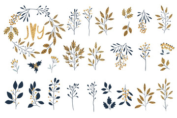Gold floral elements collection. Vector glitter textured  fir branches, leaf, berries, leaves botanical set. Perfect for winter and autumn holidays. Golden Merry Christmas and New year card, banner
