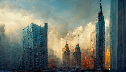Illustration skyscrapers and offices in New York City USA. Digital art