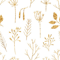 Gold floral pattern background. Vector glitter textured seamless pattern with fir branches, leaf, berries. Perfect for winter and autumn holidays. Golden Merry Christmas and New year florals