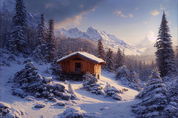 house in the snowy mountains illustration