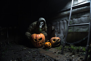 a man in a gas mask with orange halloween pumpkins celebrates the holiday