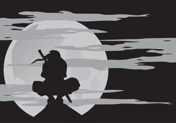 Shadow of a ninja on a hilltop with a beautiful moon
