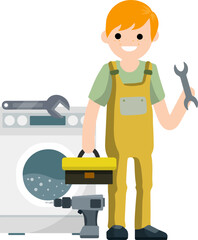 Plumber repairs washing machine. Breakdown of household appliances. Toolbox in hand. Problem with Laundry. Worker with a wrench, tool. Service and fix