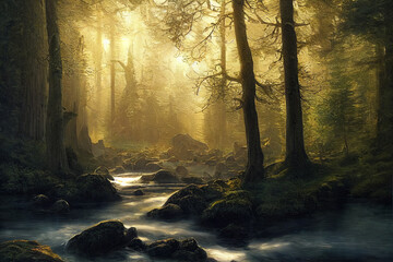 Obraz premium foggy forest in the morning, digital art illustration