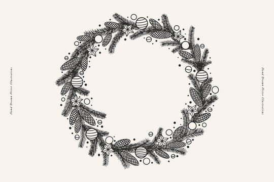 Christmas wreath with fir branches, Christmas balls and stars. Vintage decorative holiday symbol in engraved style. Design element for invitations, greeting cards, holiday posters.