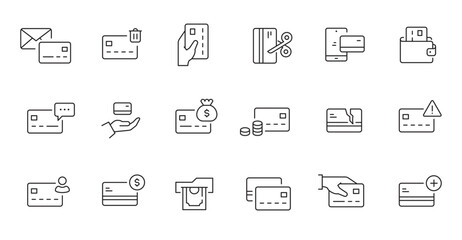 Credit card line icon set. Credit card payment, money transfer, mobile bank business pictogram. Outline editable stroke icon set. Vector illustration.