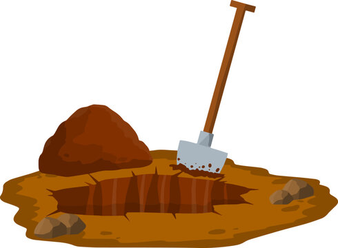 Digging a hole. Shovel and dry brown earth. Grave and excavation. Cartoon flat illustration in white background. Funeral in desert. Pile dirt and stones
