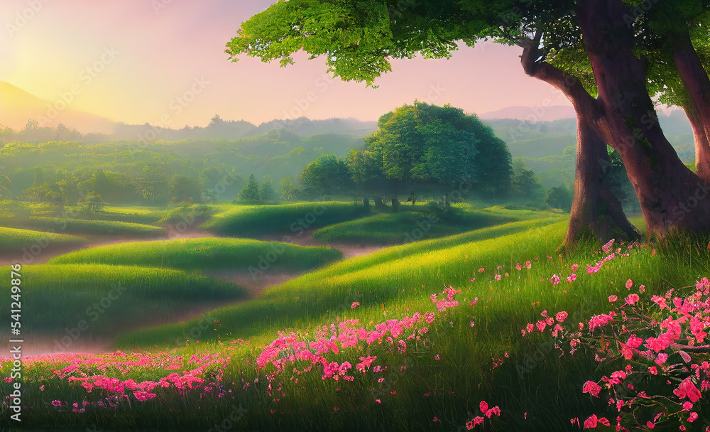 Poster Summer landscape at sunset, green trees, pink blooming flowers and a field 3d illustration