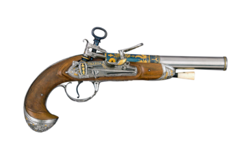 Ancient 18th century Spanish pistol with flintlock isolated