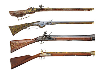 Old ancient 17th and 18th century rifle firearms isolated - obrazy, fototapety, plakaty