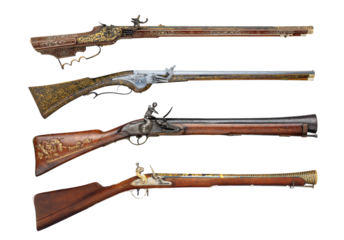 Old ancient 17th and 18th century rifle firearms isolated