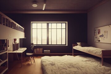 Room with a bed, a desk, a chair and a bookshelf, a large bright window 3d illustration - obrazy, fototapety, plakaty