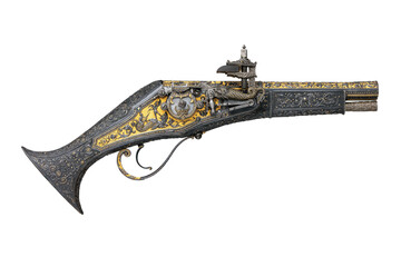 Old historical 17th century wheellock pistol isolated