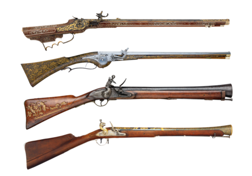 Old ancient 17th and 18th century rifle firearms isolated