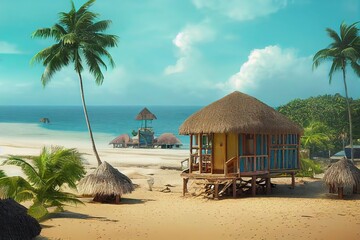 House by the sea on a tropical beach with white sand, palm trees and blue water under a bright sunny sky 3d illustration - obrazy, fototapety, plakaty