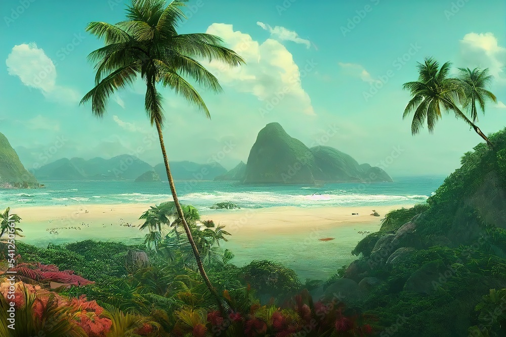 Poster island in the ocean with a beach, palm trees and rocks in the sea under a cloudy sky 3d illustration