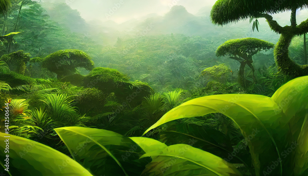 Poster thickets of various green plants in the jungle, large leaves of trees and bushes and mountains on th