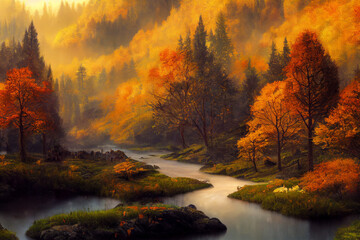 autumn landscape with trees, mountains, digital painting