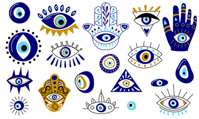 Turkish eye collection. Abstract cartoon blue evil eye Hamsa magic icons, fantasy esoteric talisman protection. Vector contemporary set