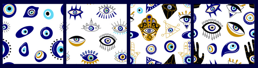 Evil eye pattern. Seamless print of Turkish Greek protection amulet icons, mystic contemporary backgrounds for wrapping paper textile. Vector textured set