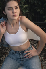 Portrait of a self-confident girl posing for a fashion gloss, advertising, branded stores