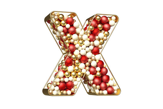 Christmas style letter X. Font made up of a mix of gold, red and white balls floating in a golden letter shape. High definition 3D rendering.