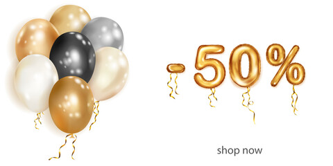 Discount creative illustration with white, black and gold helium flying balloons and golden foil numbers. 50 percent off. Sale poster with special offer on white background