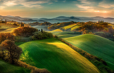 Schöne und wundersame Farben der grünen Frühlingspanoramalandschaft von Toskana, Italien. Toskana-Landschaft mit Getreidefeldern, Zypressen und Häusern auf den Hügeln bei Sonnenuntergang.