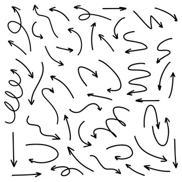 A large doodle set with abstract arrows drawn by hand. Simple vector illustration on a white background.