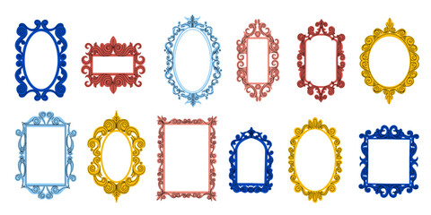 Decorative frames. Vintage baroque antique decorative tracery mirrors, creative cartoon doodle romantic design elements. Vector isolated set