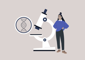 DNA digital code under the microscope, biotech and bio hacking, a young female Asian scientist presenting a discovery