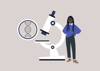 DNA digital code under the microscope, biotech and bio hacking, a young female African scientist presenting a discovery