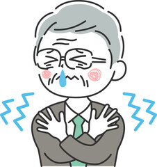 寒くて震える、鼻水が出ている、年配ビジネスマンのイラスト