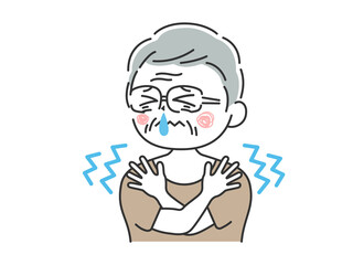 寒くて震える、鼻水が出ている、年配男性のイラスト
