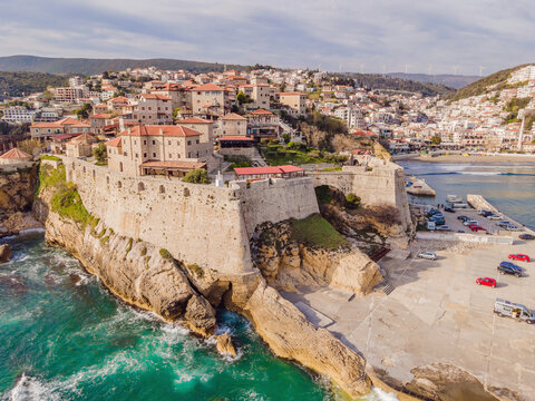 Amazing view on Ulcinj town in Montenegro. Clock Tower of Ulcinj Sahat Kulla. Lami Mosque. Ulcinj is a popular tourist destination in the summer on the southern Adriatic coast of Montenegro. Ulqin