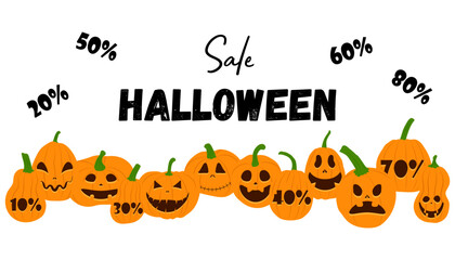Halloween Sale banner. Vector flat pumpkins with scary glowing faces. Design for poster, banner, flyer.