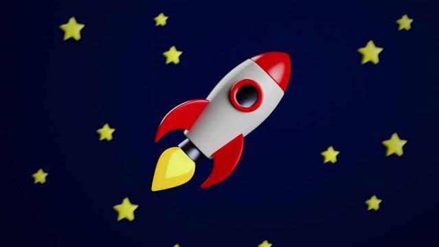 Small toy rocket flying up against stars covered space. 3d animation. 4k loop ready clip