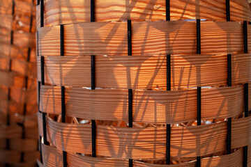 Flower pod decorated by wood veneer. A full frame brown wood veneer surface. Wood veneer texture...