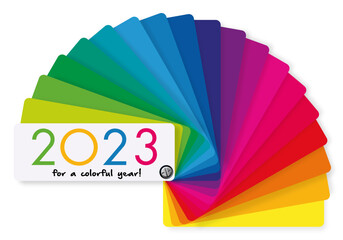 Carte de voeux 2023 décorative, aux couleurs vives, présentant le concept de la diversité et du choix, avec comme symbole un nuancier multicolore. - obrazy, fototapety, plakaty