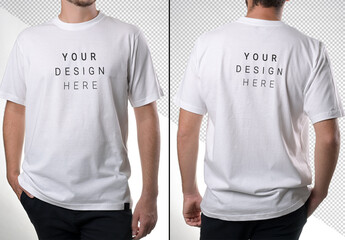 Front and Back of an Editable Tee-Shirt Worn by an Unrecognizable Model on Customizable Background