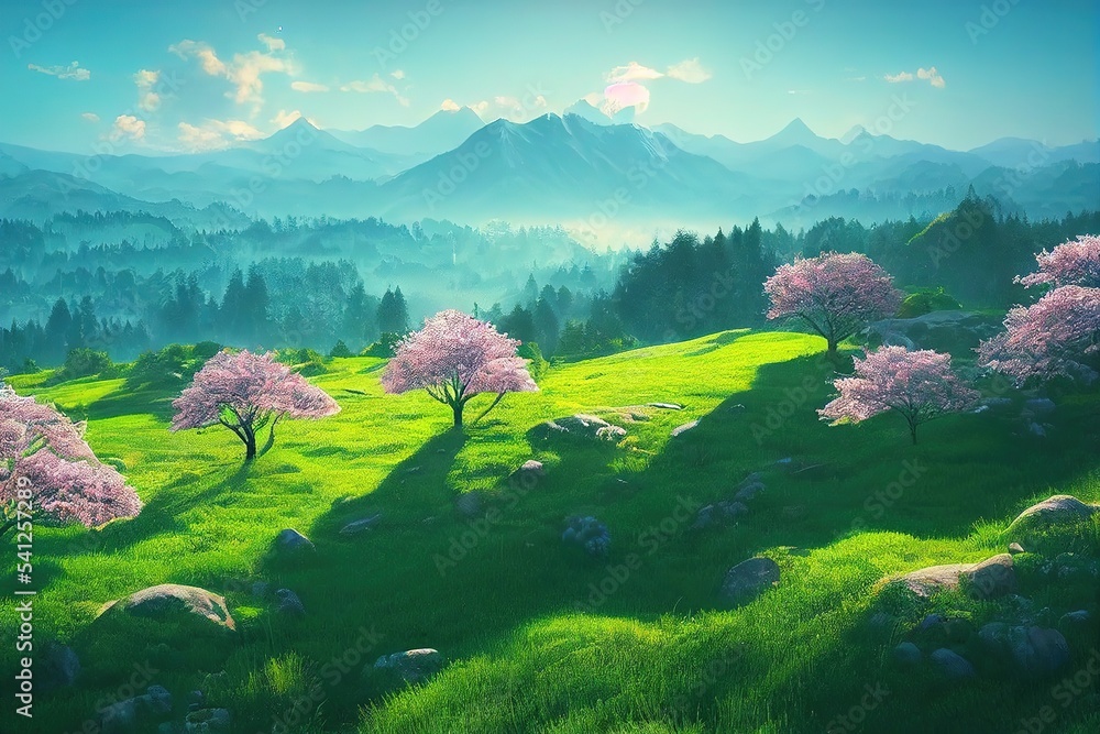 Poster landscape with a green field, rocks and trees under a blue sky with clouds 3d illustration
